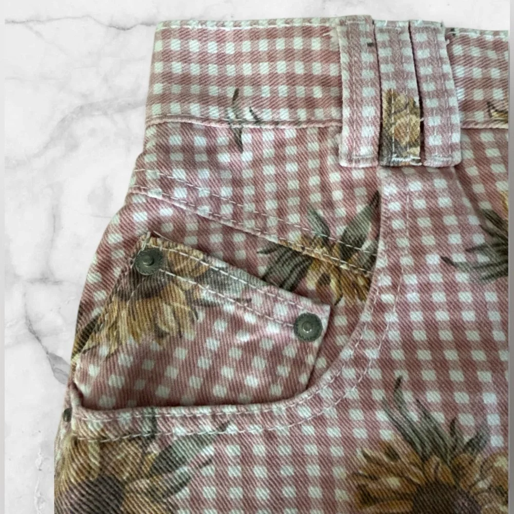 Cactus Jeans Pink White Gingham Check Sunflowers Denim Shorts Size 16 Vintage - Picture 3 of 10